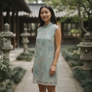 Cheongsam Womens Mini Dress Large Green Embroidered Patterned Mandarin Gown